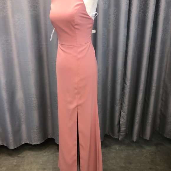 New Dessert Rose Crepe Dress, Halter Keyhole Back Bridesmaid Formal Leg Slit - Picture 8 of 14